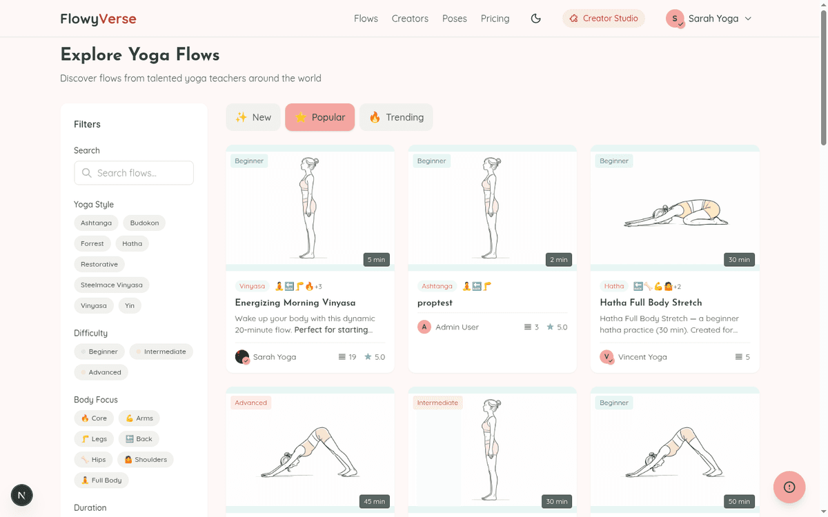 FlowyVerse explore page showing yoga flow cards with filters